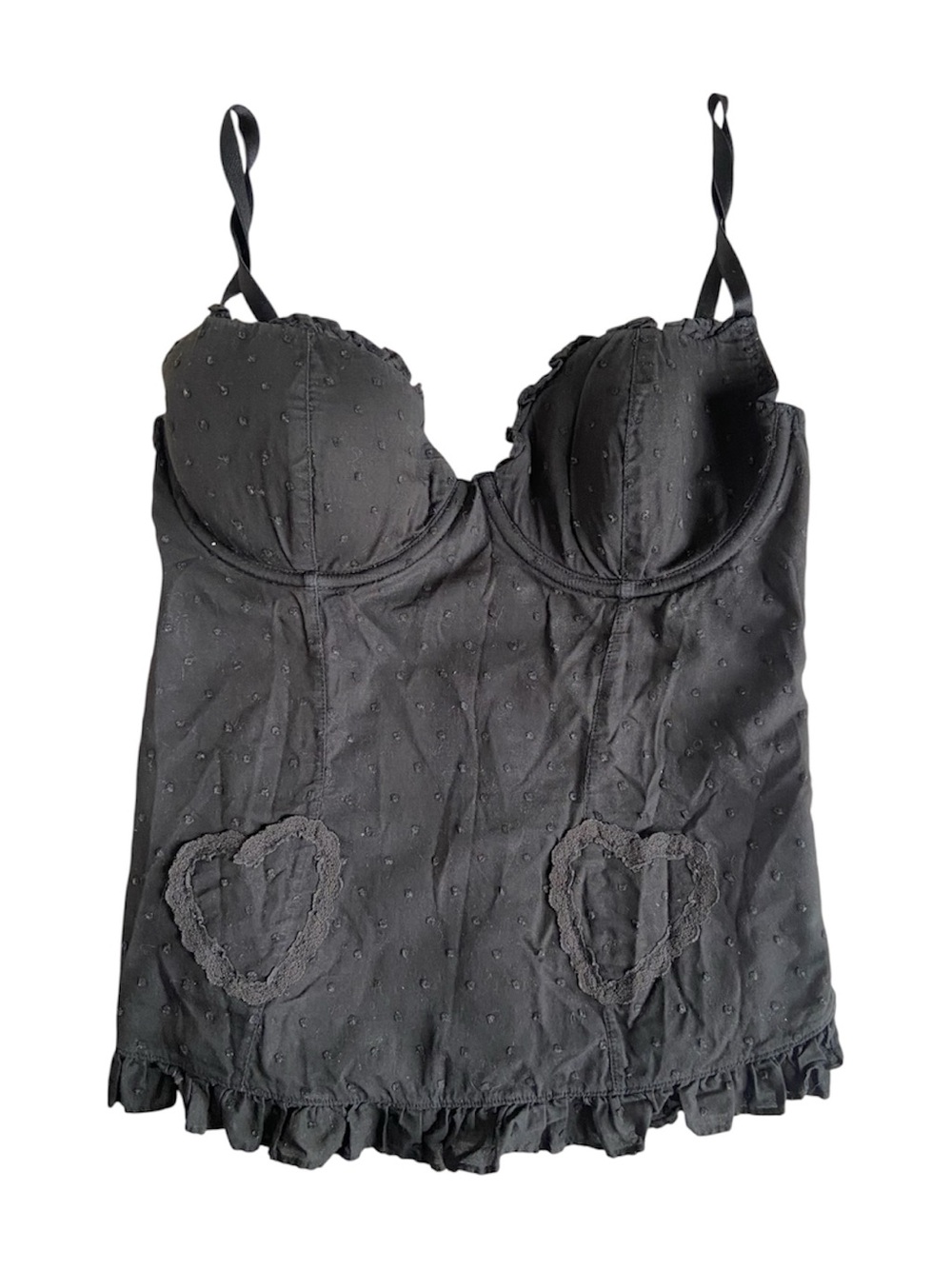 Betsey Johnson Black Heart-Appliqué Polka Dot Ruffle Bustier Corset Top Camisole